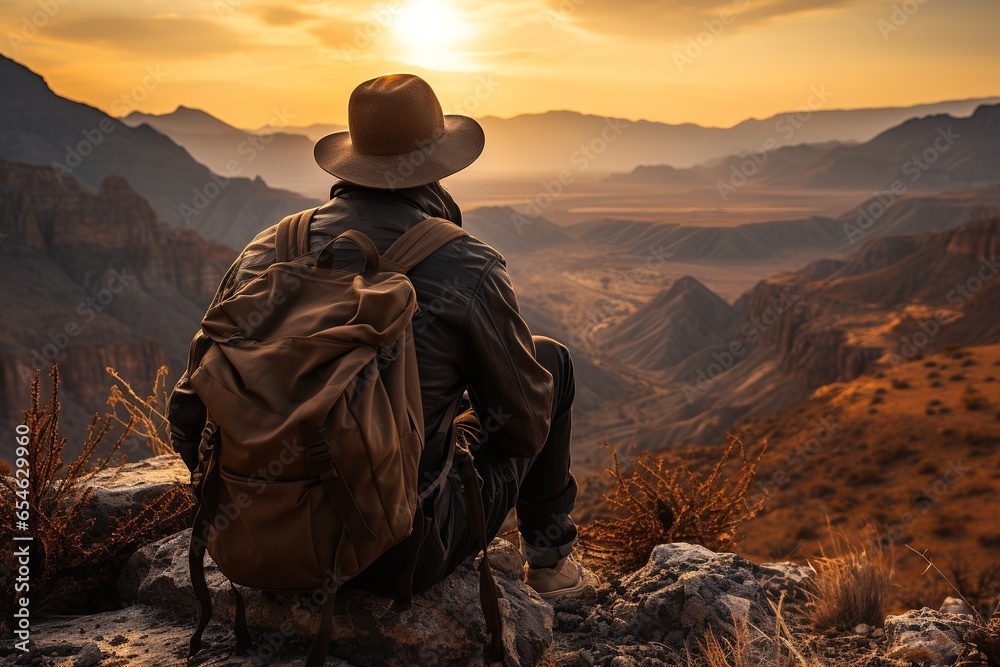 Rear view of male traveler wearing hat and backpack sitting on rock in desert at sunset