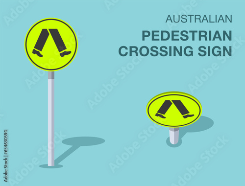 Traffic regulation rules. Isolated australian pedestrian crossing sign. Front and top view. Flat vector illustration template.