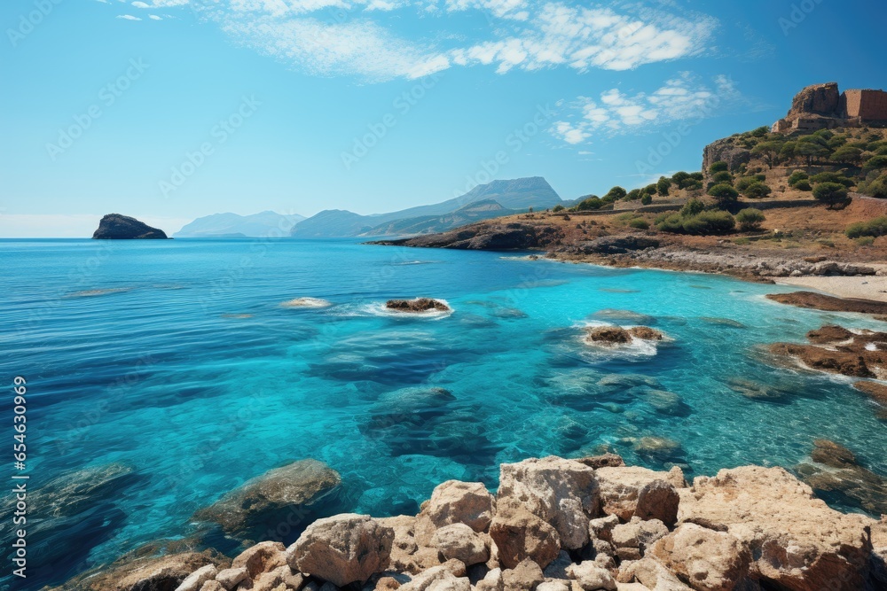 A scenic shot of a rocky coastline and serene blue sea, tourism, travel, vacation,Generated with AI