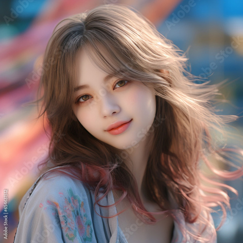  [salon kei],a girl with soft light brown hair is photograph, in the style of realistic hyper-detailed photograph [background city weather fine autumn],natural makeup,[hyper-realistic skin texture]