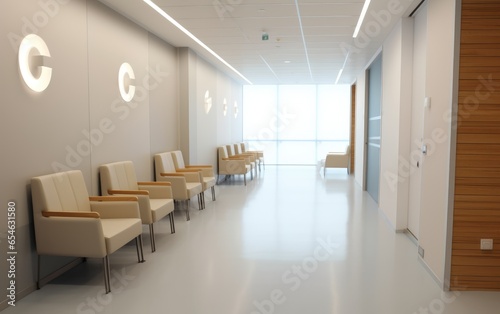 An interior of a modern clinic corridor with chairs. Generative AI