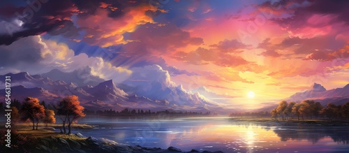 Colorful anime style oil painting of a magical sunset over mountains and a lake