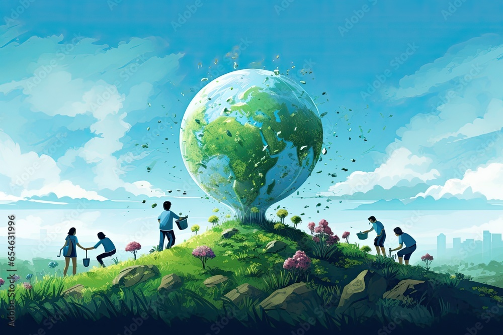 Earth Day Visuals highlighting environmental conservation, planting trees, enjoying nature,Generated with AI