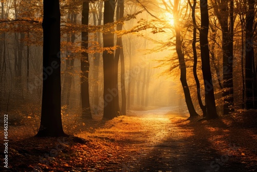 Golden trees in the autumn forest with sun rays