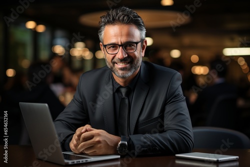 Smiling mature Indian executive in formal suit and glasses sitting at table using laptop © boxstock production