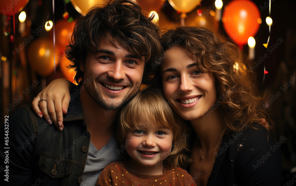 Happy family celebrating birthday with confetti. Generative AI Happy family celebrating birthday with confetti. Generative AI