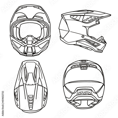 Technical sketch drawing of full face dirt helmet line art, flat sketch, front, top, side and rear view, flat sketch, isolated on white background, suitable for your full face helmet, editable color 