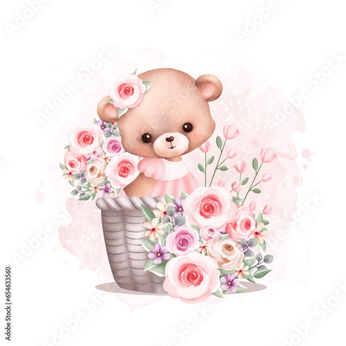 Watercolor Illustration cute teddy bear in basket with flower wreath © Stella