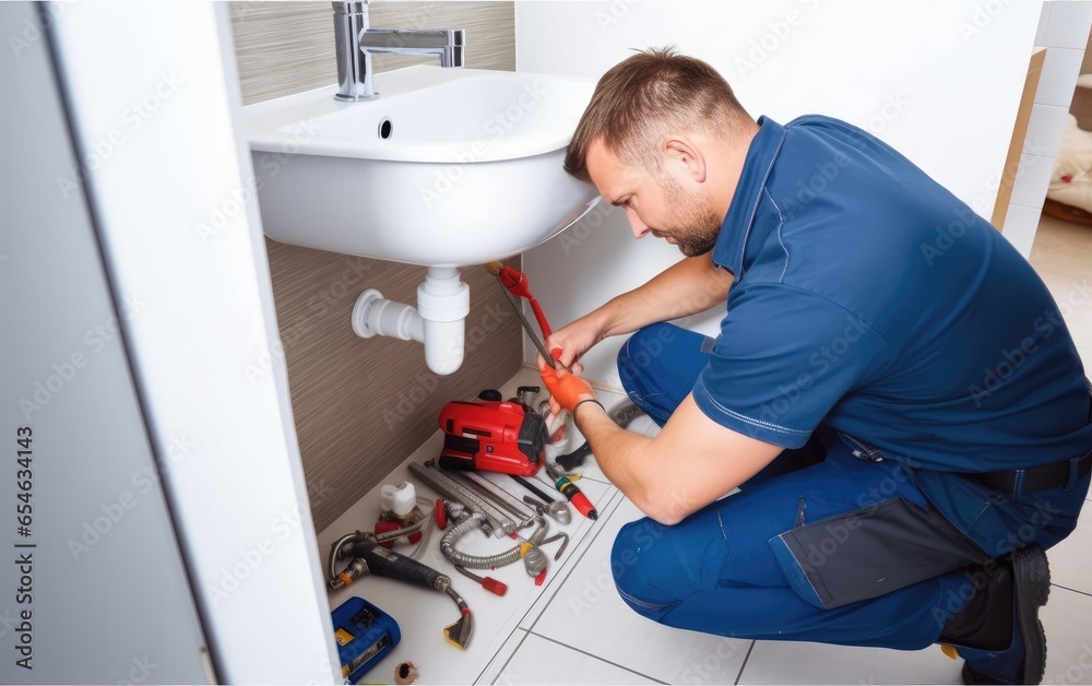 A plumber doing maintenance and installation in white bathroom. Generative AI A plumber doing maintenance and installation in white bathroom. Generative AI