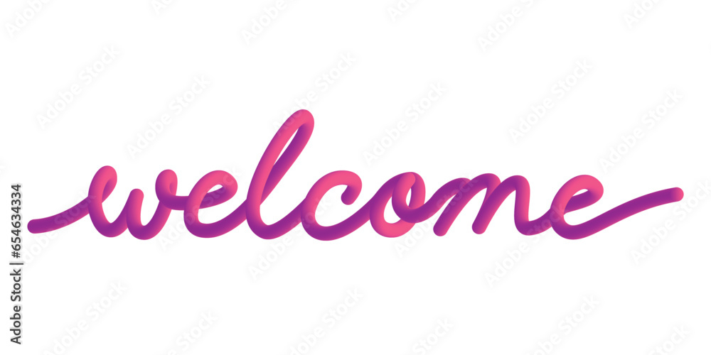 Violet Welcome typography, with 3D color gradations like balloons. And handwriting style.	