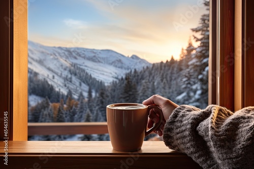 Hands holding a mug of hot coffee in front of a window with a mountain view 