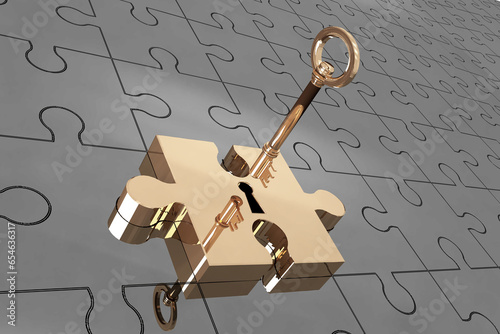 Digital png illustration of golden puzzle element and key on transparent background