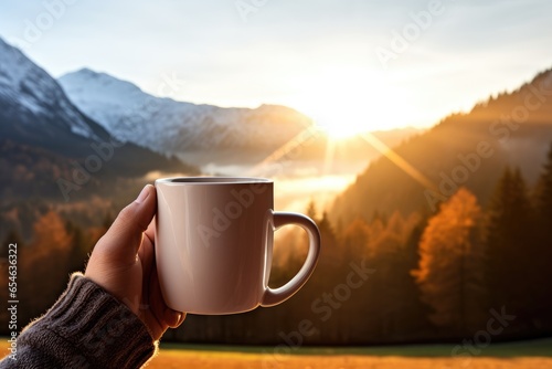 Hands holding a mug of hot coffee in front of a window with a mountain view  photo