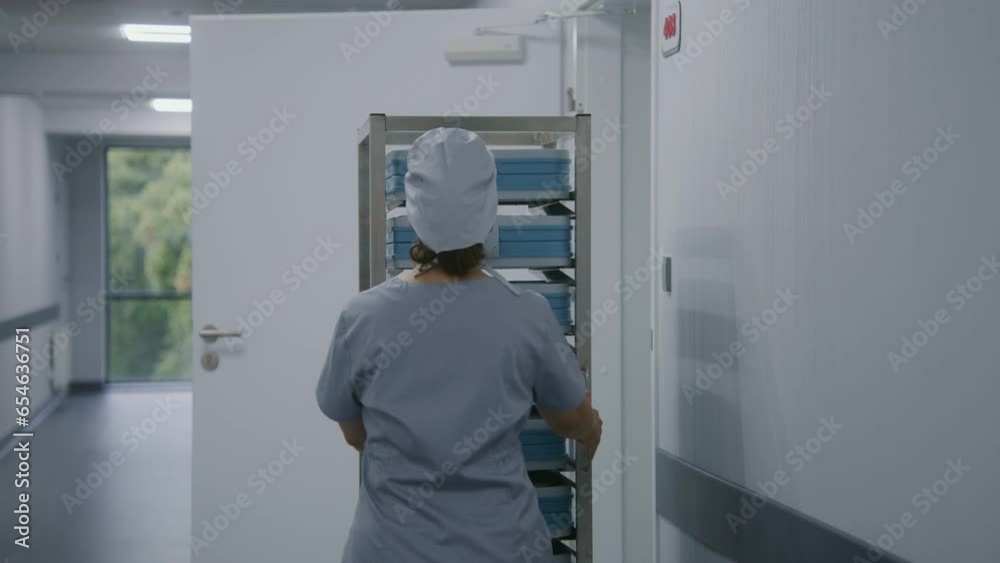 Nurse in uniform moves mobile shelves with inventory through bright clinic corridor. Female medical worker takes box from rack, enters hospital room or laboratory. Modern medical facility. Dolly shot. Nurse in uniform moves mobile shelves with inventory through bright clinic corridor. Female medical worker takes box from rack, enters hospital room or laboratory. Modern medical facility. Dolly shot.