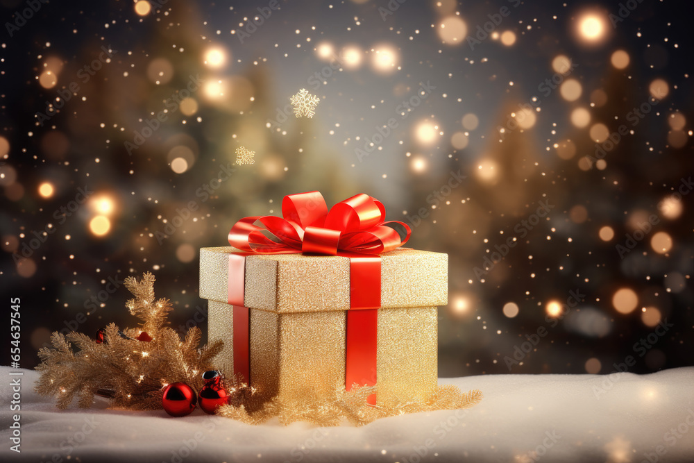 Christmas and new year background.Gift boxes and pine cones and branches on the background of bokeh garlands Christmas and new year background.Gift boxes and pine cones and branches on the background of bokeh garlands