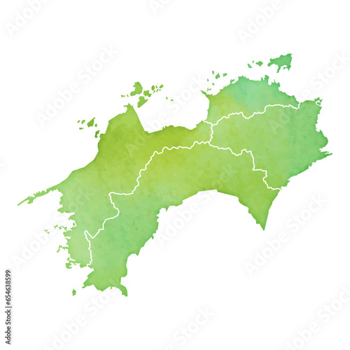 水彩風の地図　四国地方のイラスト（県境あり）