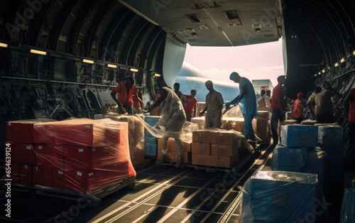Aid workers unloading medical supplies from a cargo plane in a remote area. Generative AI
