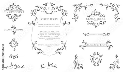 Floral monograms and borders, frames. Classic ornament. Graphic design pages.
