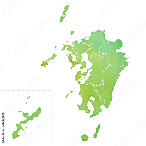 水彩風の地図　九州地方のイラスト（県境あり）