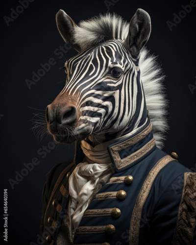 Humanised animals concept. funny character personage. humanized zebra in suit and tie on dark background. historical portraits