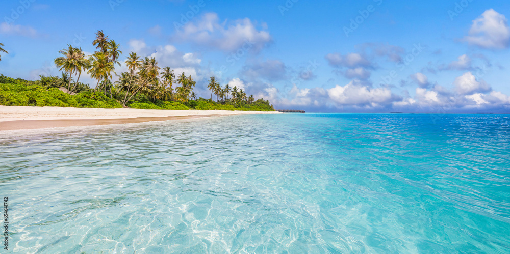 Beautiful tropical beach with white sand, palm trees, turquoise ocean blue sky clouds on sunny summer. Majestic panoramic landscape background for relaxing vacation, island of Maldives. Amazing nature