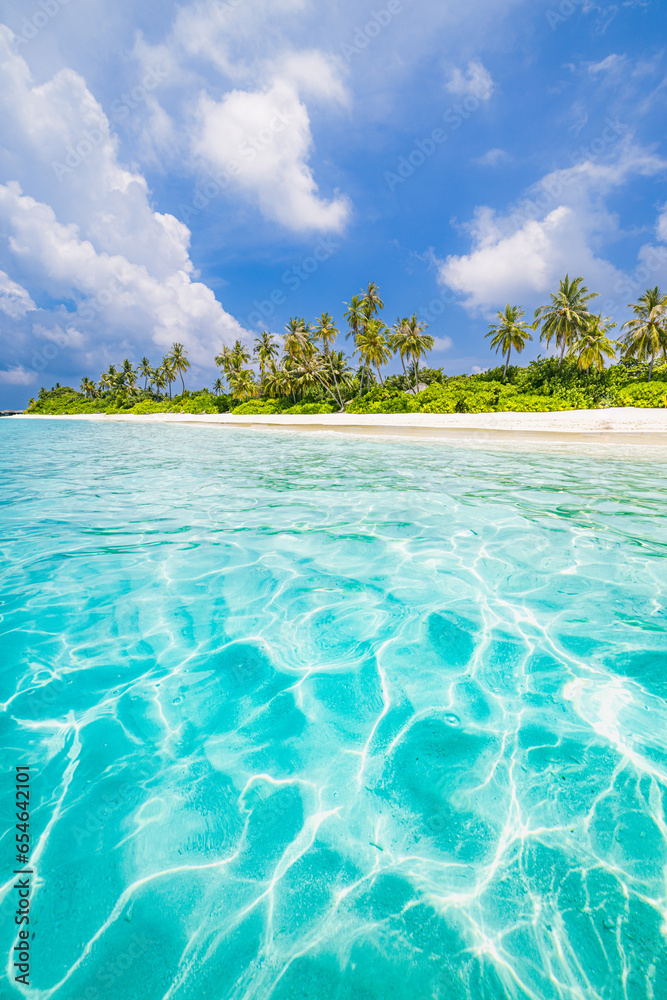 Beautiful tropical beach with white sand, palm trees, turquoise ocean blue sky clouds on sunny summer. Majestic panoramic landscape background for relaxing vacation, island of Maldives. Amazing nature - obrazy, fototapety, plakaty 