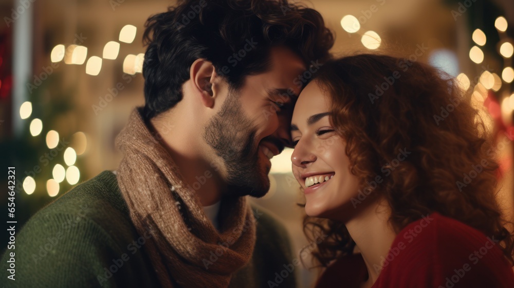 Loving couple celebrating Christmas at home. Man and woman in a seasonal winter interior. The concept of holidays.