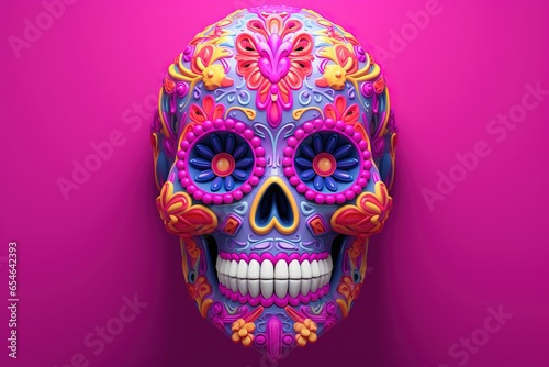 colorful sugar skull on vivid pink background, day of the dead, dia de muertos, Generative AI