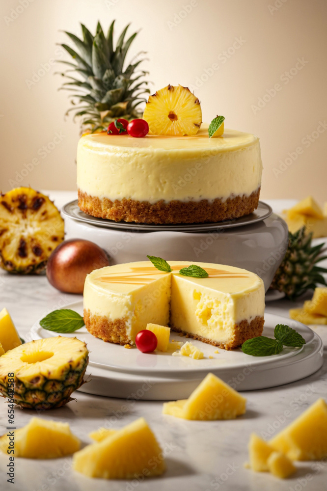 Desesrt cheesecake on butter dough with pineapple in jelly on white stand. Generative AI. Desesrt cheesecake on butter dough with pineapple in jelly on white stand. Generative AI.
