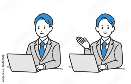 パソコンを見る･案内のポーズをするビジネスパーソン男性のセット【人物ベクターイラスト素材】