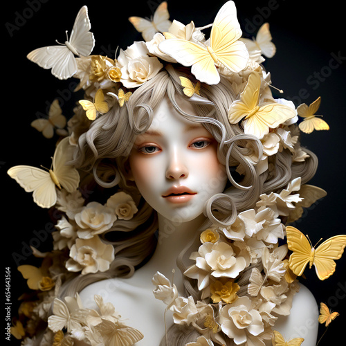 Girl statue and golden butterflies