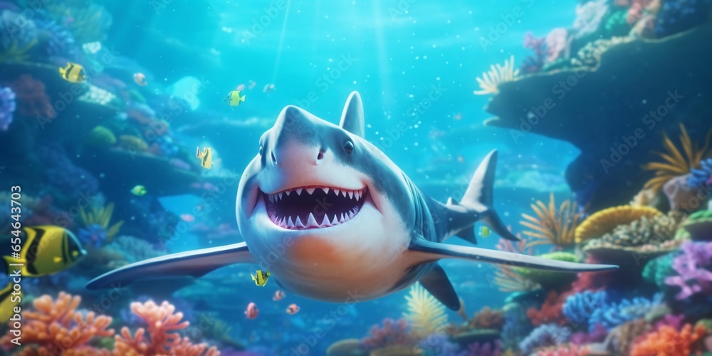 Fototapeta premium Smiling Shark Illustration Underwater in Cartoon Style. Fish Portrait