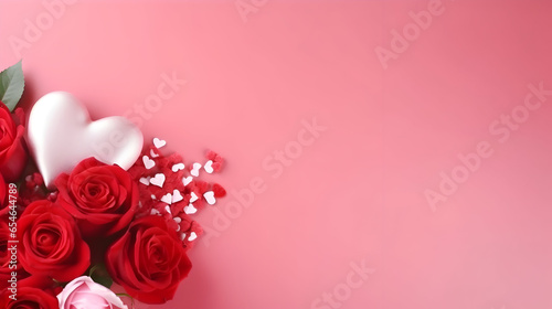 Valentine's Day banner, 14 February, heart-shaped balloons and romantic roses, red and pink background