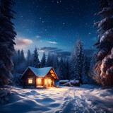 Winter landscape with house,  Winter Wonderland Scene with Snow-Covered Pine Trees and a Cozy Cabin. Holiday and Seasonal Getaway. Magical Landscape View
