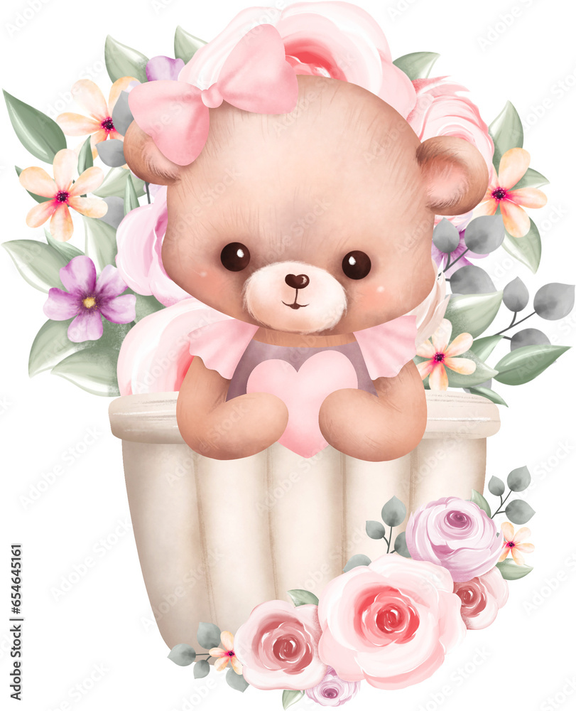 Cute teddy bear in basket with flower wreath