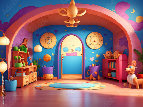 Photo of cartoon indoor background with drawing room. 