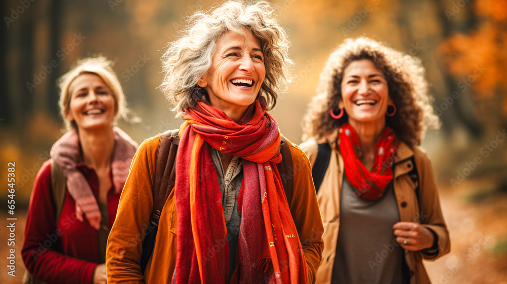 Positive, cheerful elderly women walk through autumn forest park. Happy mature ladies travel in group