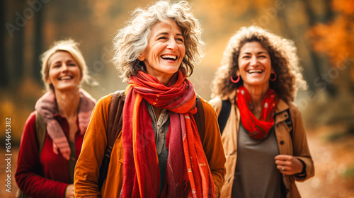 Positive  cheerful elderly women walk through autumn forest park. Happy mature ladies travel in group