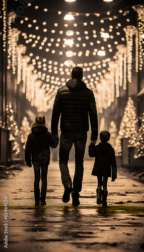 Father and kids - family - Christmas shopping - Black Friday - carnival - fair - winter - white lights - holiday - festive - rear low angle shot - black and white - monochrome 
