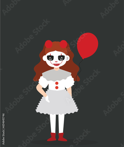 vector illustration girl character using scary evil clown wearing a dirty and ragged costume with a blank background at halloween party 