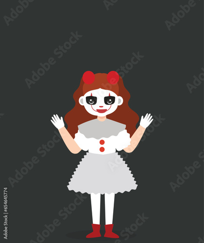 vector illustration girl character using scary evil clown wearing a dirty and ragged costume with a blank background at halloween party 