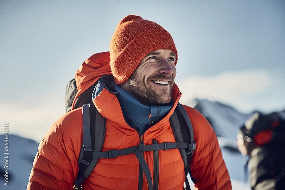 Close-up of happy young man wearing climbing gear on snow mountain peak at sunrise Close-up of happy young man wearing climbing gear on snow mountain peak at sunrise