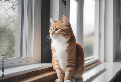 Wallpaper Mural Cat. Window. Curious. Pet. Indoor. Gazing. Feline. Domestic. Cozy. Home. Observer. Daydreaming. Relaxation. Silhouette. Natural Light. Peaceful. Companion. Indoor Scene. AI Generated. Torontodigital.ca