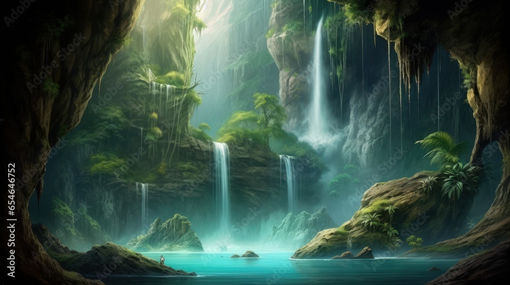 Naklejka premium Beautiful Fantasy Scenery Landscape Background of Waterfall in a Lush Jungle. Lake, Ancient Ruins & Cave in a Rain Forest Wallpaper. Generative AI Illustration. 
