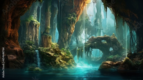 Beautiful Fantasy Scenery Landscape Background of Waterfall in a Lush Jungle. Lake, Ancient Ruins & Cave in a Rain Forest Wallpaper. Generative AI Illustration.  © Tuyres