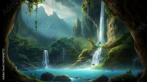 Beautiful Fantasy Scenery Landscape Background of Waterfall in a Lush Jungle. Lake  Ancient Ruins   Cave in a Rain Forest Wallpaper. Generative AI Illustration. 