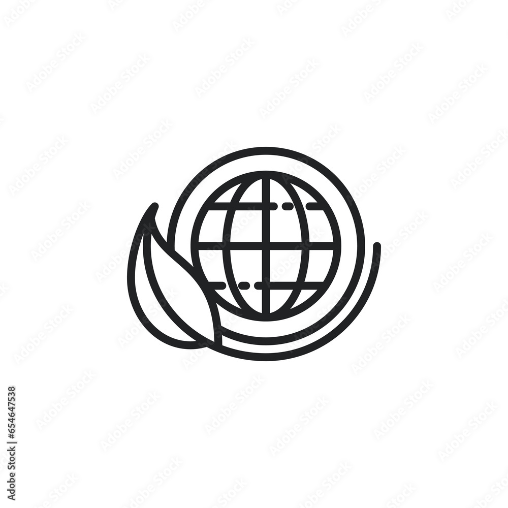 Globe with leafs, eco environment outline icon. Vector illustration. Isolated icon is suitable for web, infographics, interfaces, and apps. Globe with leafs, eco environment outline icon. Vector illustration. Isolated icon is suitable for web, infographics, interfaces, and apps.