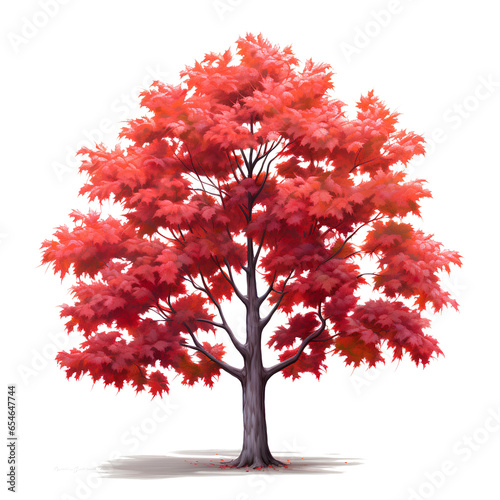Maple tree with red leaves on transparent background PNG. Autumn maple tree.