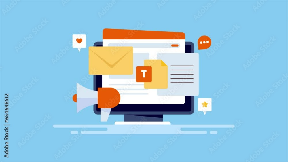 Content promotion on internet, digital marketing blog article publishing, email communication business strategy, website content video animation 2d clip. 