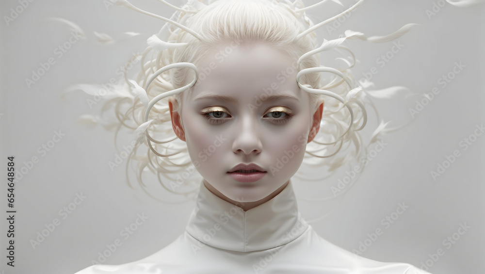 concept of fashion art of the future, portrait of an albino girl